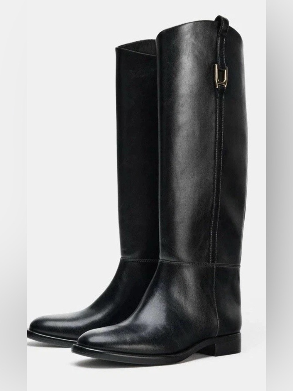 ZARA NWT Black Leather Knee High Riding Boots Gold Buckle 36